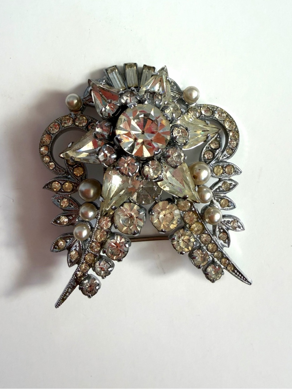 Vintage Signed Austria Rhinestone Faux Pearl Star Floral Statement Pin Brooch